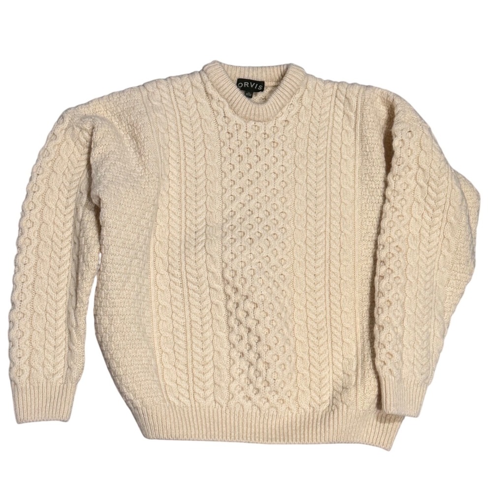 Orvis Fisherman Sweater Mens XXL Cream Excellent 100% Wool Cable Knit Ireland